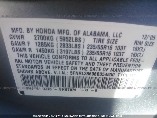 5FNRL38696B054500 - 2006 HONDA ODYSSEY EXL ნაცრისფერი ფოტო 9