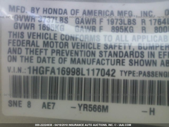 1HGFA16998L117042 - 2008 HONDA CIVIC EXL GOLD photo 9