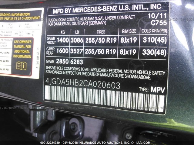 4JGDA5HB2CA020603 - 2012 MERCEDES-BENZ ML 350 4MATIC BLUE photo 9