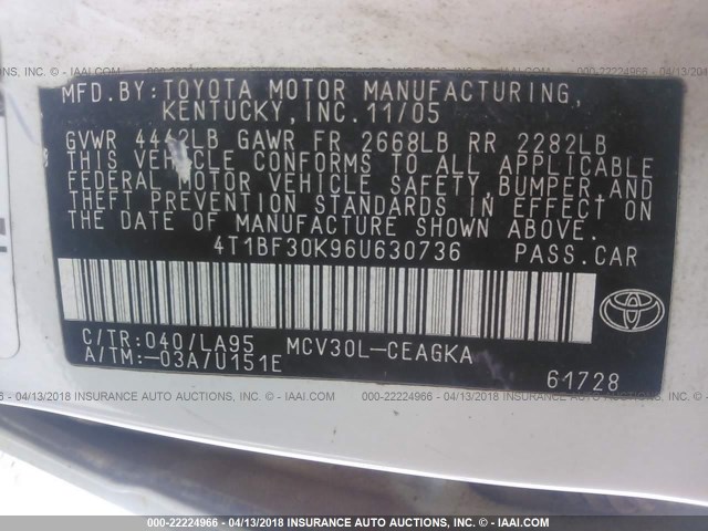 4T1BF30K96U630736 - 2006 TOYOTA CAMRY LE/XLE/SE WHITE photo 9