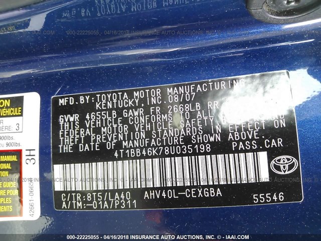 4T1BB46K78U035198 - 2008 TOYOTA CAMRY HYBRID Dark Blue photo 9