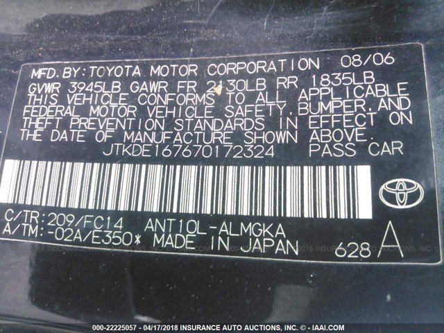 JTKDE167670172324 - 2007 TOYOTA SCION TC BLACK photo 9