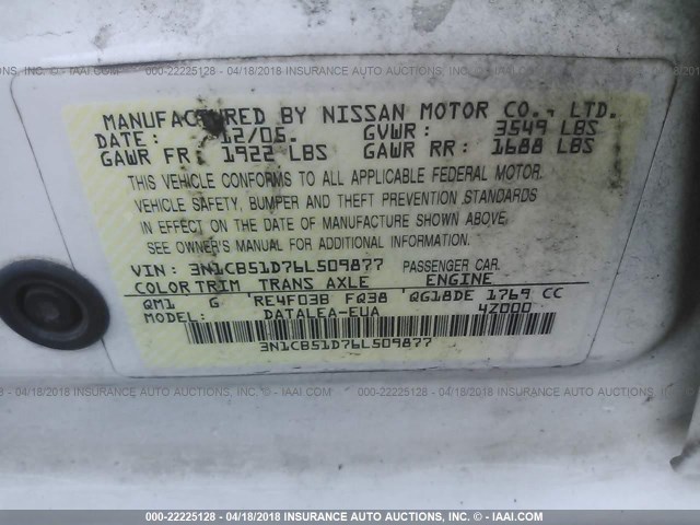 3N1CB51D76L509877 - 2006 NISSAN SENTRA 1.8/1.8S WHITE photo 9