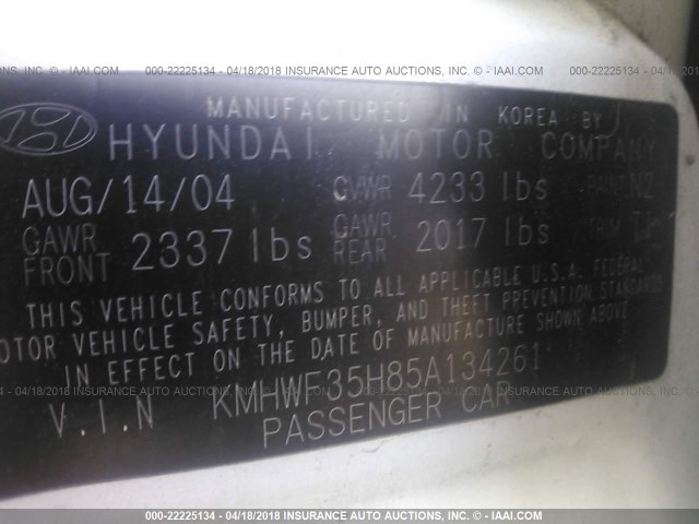 KMHWF35H85A134261 - 2005 HYUNDAI SONATA GLS/LX WHITE photo 9