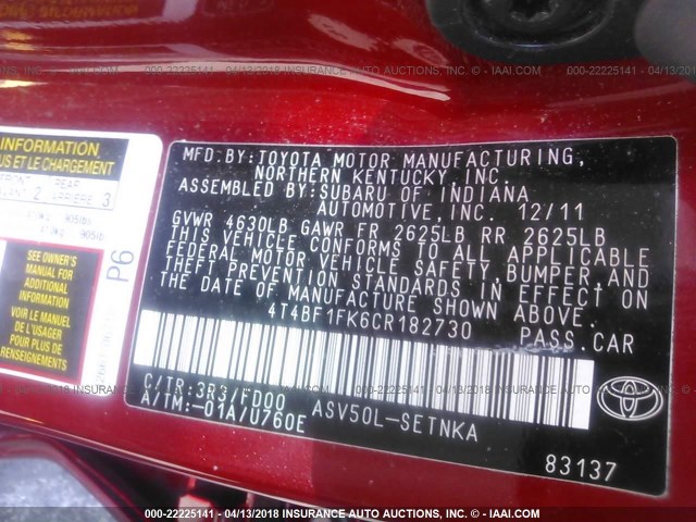 4T4BF1FK6CR182730 - 2012 TOYOTA CAMRY SE/LE/XLE RED photo 9