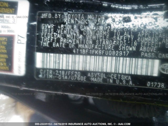 4T1BF1FK6FU082917 - 2015 TOYOTA CAMRY LE/XLE/SE/XSE Noir photo 9