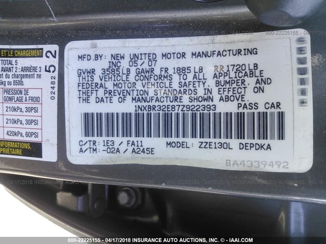 1NXBR32E87Z922393 - 2007 TOYOTA COROLLA CE/LE/S GRAY photo 9