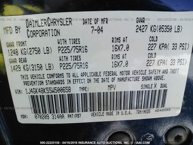 1J4GK48K55W500658 - 2005 JEEP LIBERTY SPORT 蓝色 照片 9