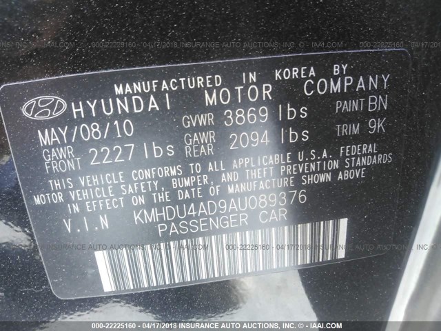 KMHDU4AD9AU089376 - 2010 HYUNDAI ELANTRA BLUE/GLS/SE BLACK photo 9