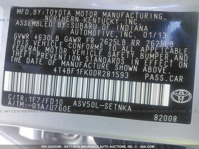 4T4BF1FK0DR281593 - 2013 TOYOTA CAMRY L/SE/LE/XLE SILVER photo 9