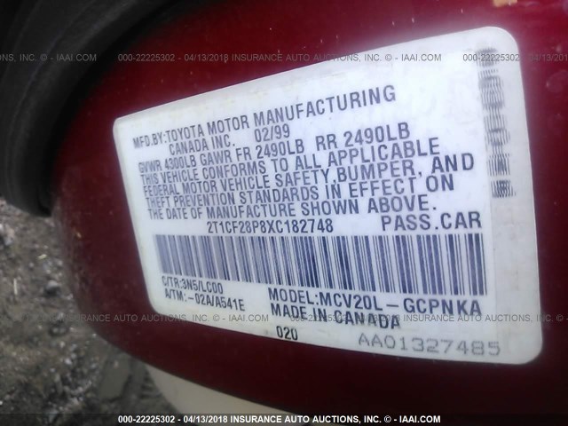 2T1CF28P8XC182748 - 1999 TOYOTA CAMRY SOLARA SE/SLE წითელი ფოტო 9