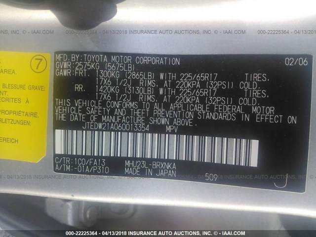 JTEDW21A060013354 - 2006 TOYOTA HIGHLANDER HYBRID SILVER photo 9