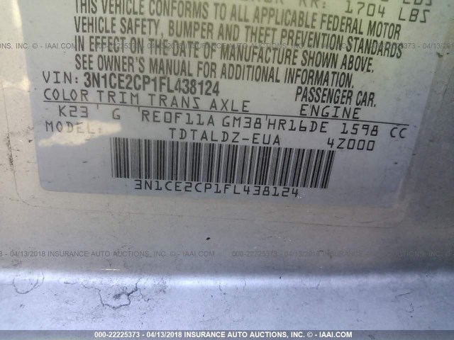 3N1CE2CP1FL438124 - 2015 NISSAN VERSA NOTE S/S PLUS/SV/SL/SR SILVER photo 9