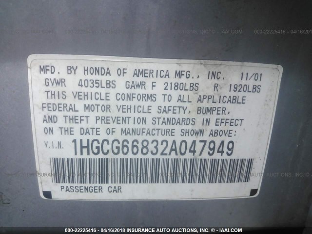 1HGCG66832A047949 - 2002 HONDA ACCORD EX/SE SILVER photo 9