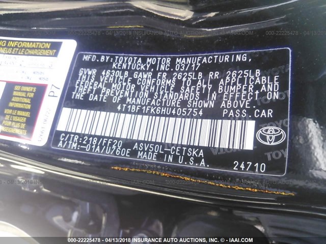 4T1BF1FK6HU405754 - 2017 TOYOTA CAMRY LE/XLE/SE/XSE შავი ფოტო 9