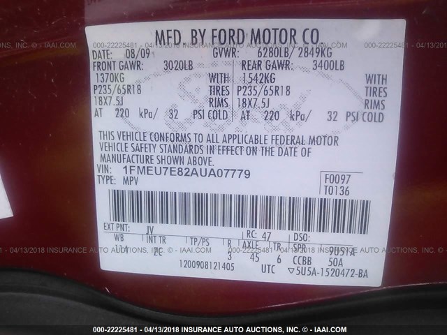 1FMEU7E82AUA07779 - 2010 FORD EXPLORER EDDIE BAUER RED photo 9