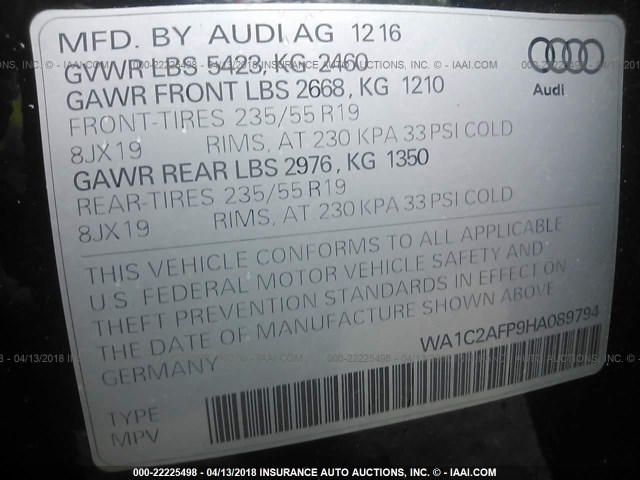 WA1C2AFP9HA089794 - 2017 AUDI Q5 PREMIUM BLACK photo 9