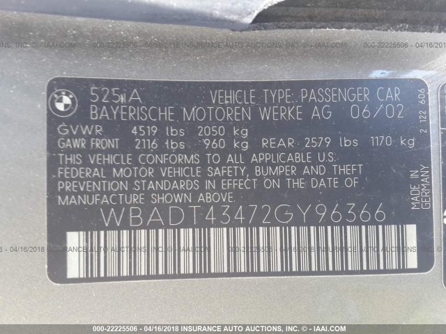 WBADT43472GY96366 - 2002 BMW 525 I AUTOMATIC GRAY photo 9
