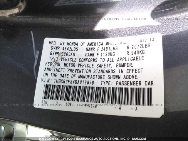 1HGCR3F84DA019878 - 2013 HONDA ACCORD EXL GRAY photo 9