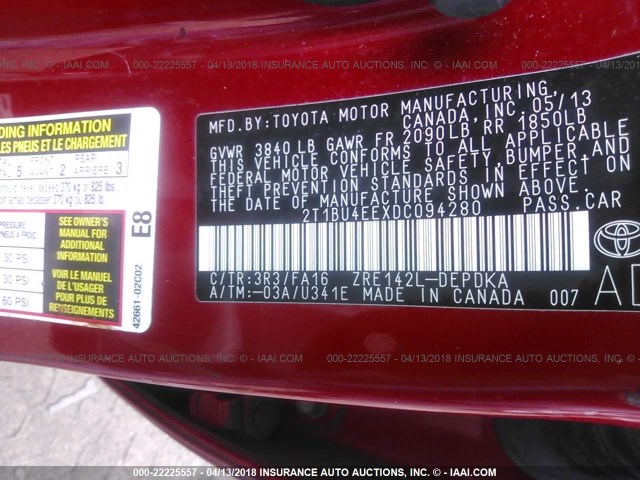 2T1BU4EEXDC094280 - 2013 TOYOTA COROLLA S/LE RED photo 9