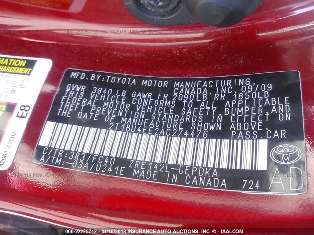 2T1BU4EE2AC274476 - 2010 TOYOTA COROLLA S/LE/XLE RED photo 9