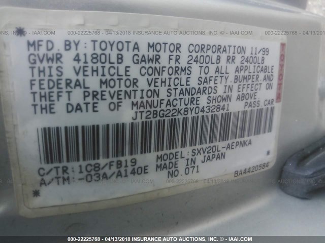 JT2BG22K8Y0432841 - 2000 TOYOTA CAMRY CE/LE/XLE 银色 照片 9