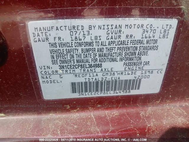 3N1CE2CP8EL364988 - 2014 NISSAN VERSA NOTE S/S PLUS/SV/SL RED photo 9