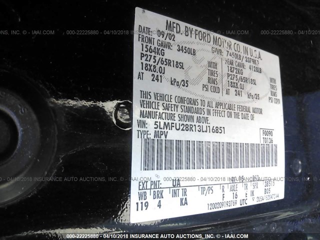 5LMFU28R13LJ16851 - 2003 LINCOLN NAVIGATOR 黑色 照片 9