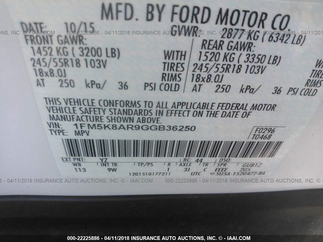 1FM5K8AR9GGB36250 - 2016 FORD EXPLORER POLICE INTERCEPTOR WHITE photo 9