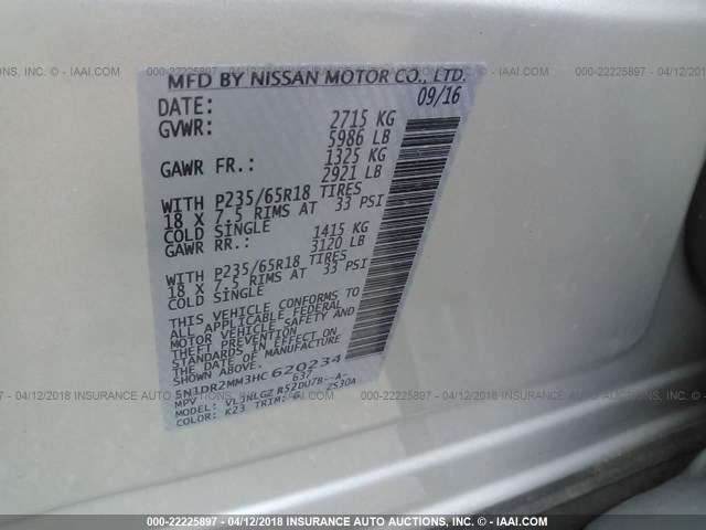 5N1DR2MM3HC620234 - 2017 NISSAN PATHFINDER S/SV/SL/PLATINUM 银色 照片 9