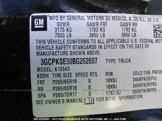 3GCPKSE30BG262607 - 2011 CHEVROLET SILVERADO K1500 LT BLACK photo 9