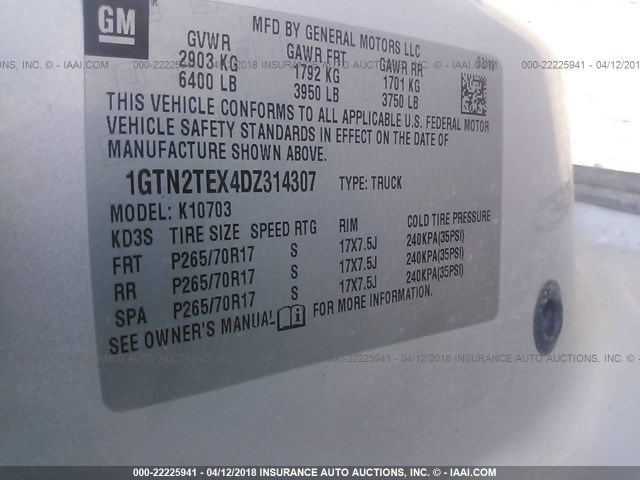 1GTN2TEX4DZ314307 - 2013 GMC SIERRA K1500 SILVER photo 9