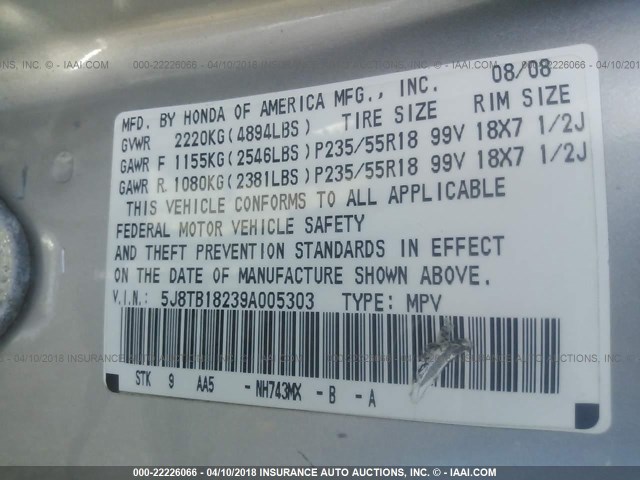 5J8TB18239A005303 - 2009 ACURA RDX SILVER photo 9