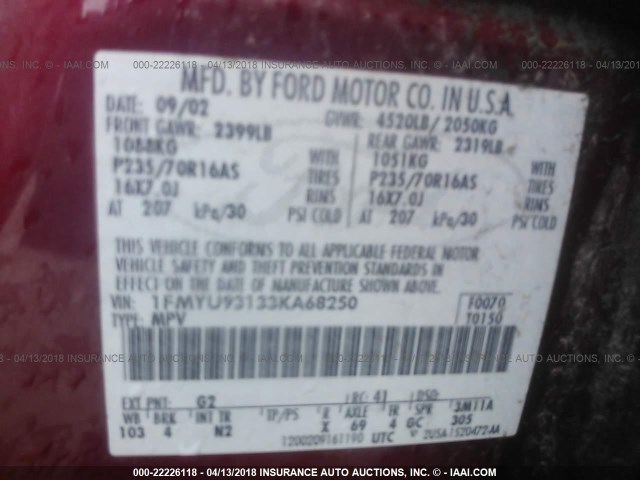 1FMYU93133KA68250 - 2003 FORD ESCAPE XLT RED photo 9