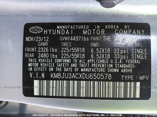 KM8JU3ACXDU650578 - 2013 HYUNDAI TUCSON GLS/LIMITED 蓝色 照片 9