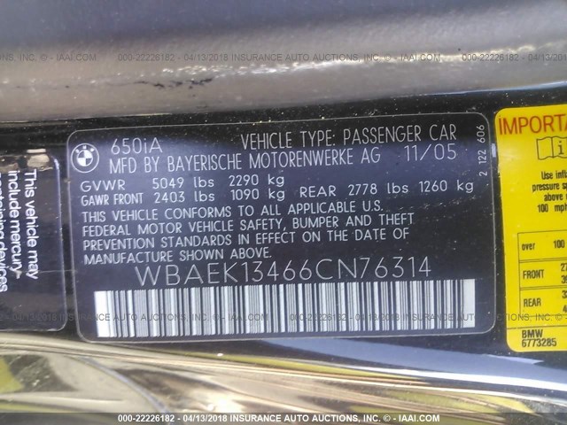 WBAEK13466CN76314 - 2006 BMW 650 I BLACK photo 9