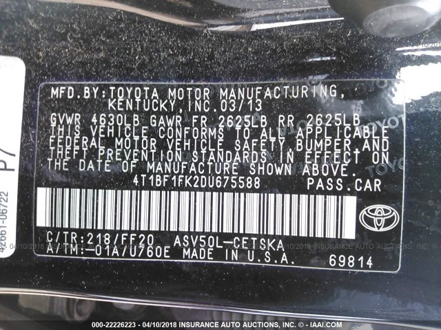 4T1BF1FK2DU675588 - 2013 TOYOTA CAMRY L/SE/LE/XLE BLACK photo 9