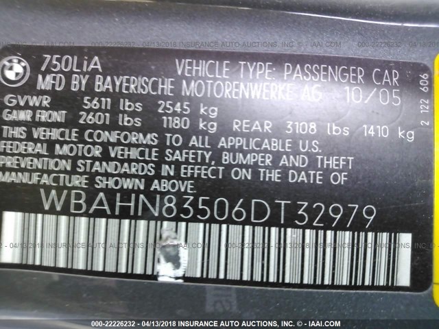 WBAHN83506DT32979 - 2006 BMW 750 LI GRAY photo 9