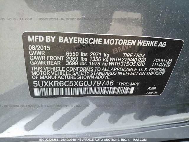 5UXKR6C5XG0J79746 - 2016 BMW X5 XDRIVE50I GRAY photo 9