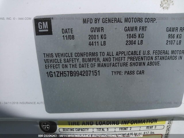 1G1ZH57B994207151 - 2009 CHEVROLET MALIBU 1LT 白色 照片 9