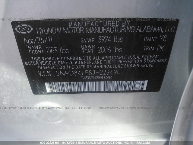 5NPD84LF8JH223490 - 2018 HYUNDAI ELANTRA SEL/VALUE/LIMITED SILVER photo 9