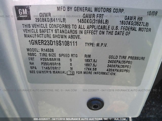 1GNER23D19S108111 - 2009 CHEVROLET TRAVERSE LT SILVER photo 9