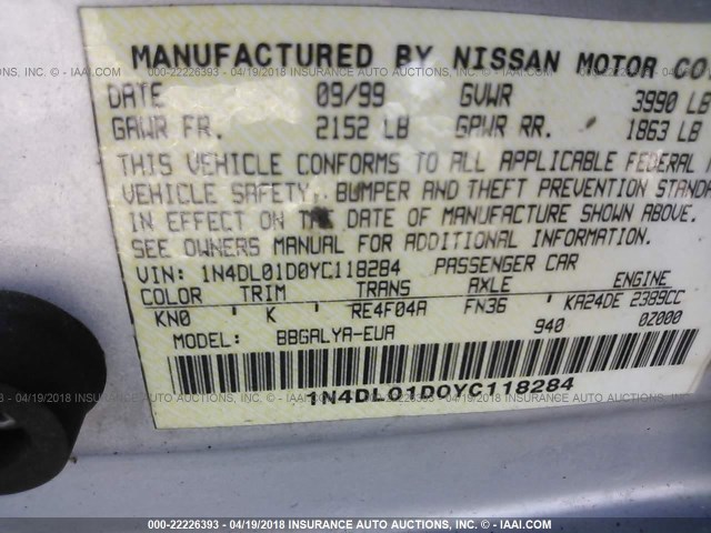 1N4DL01D0YC118284 - 2000 NISSAN ALTIMA XE/GXE/SE/GLE SILVER photo 9