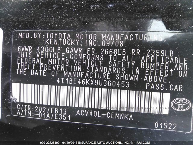 4T1BE46KX9U360453 - 2009 TOYOTA CAMRY SE/LE/XLE BLACK photo 9