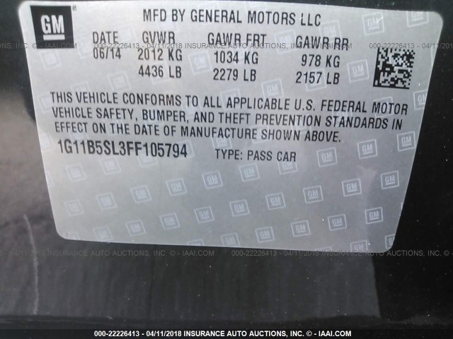 1G11B5SL3FF105794 - 2015 CHEVROLET MALIBU LS ნაცრისფერი ფოტო 9