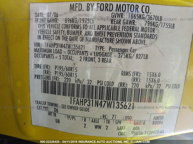 1FAHP31N47W135621 - 2007 FORD FOCUS ZX3/S/SE/SES YELLOW photo 9