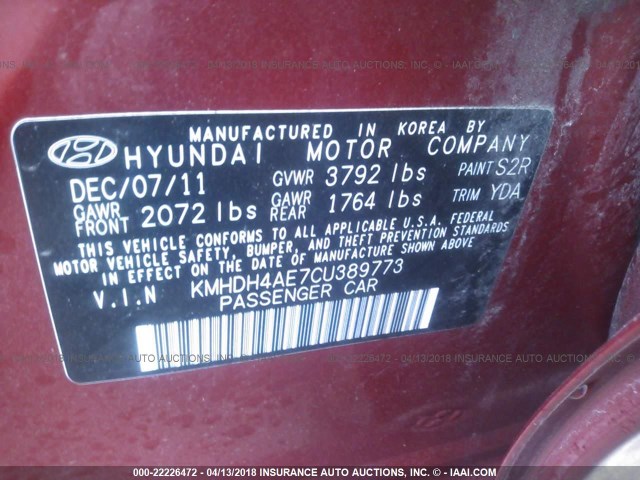 KMHDH4AE7CU389773 - 2012 HYUNDAI ELANTRA GLS/LIMITED RED photo 9