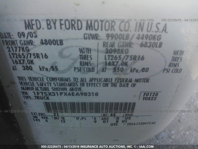 1FTSX31PX4EA98318 - 2004 FORD F350 SRW SUPER DUTY WHITE photo 9