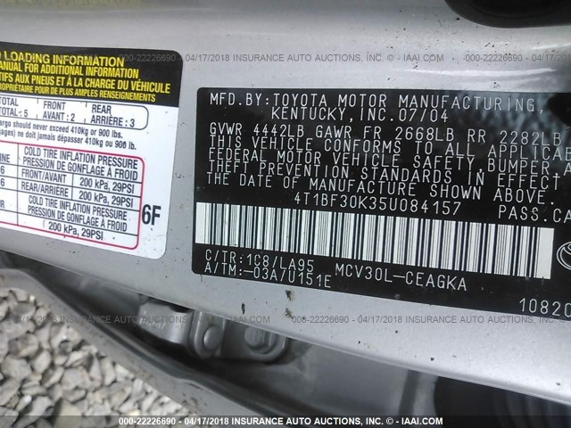 4T1BF30K35U084157 - 2005 TOYOTA CAMRY LE/XLE/SE 银色 照片 9