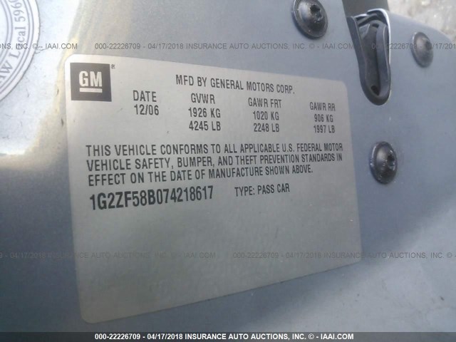 1G2ZF58B074218617 - 2007 PONTIAC G6 VALUE LEADER/BASE BLUE photo 9